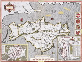 Insel Wight, graviert von Jodocus Hondius (1563-1612) aus John Speeds 